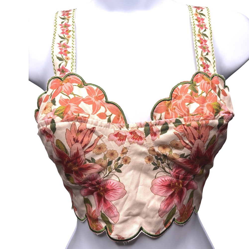 Womens Cream Pink Floral Bustier Crop Top Sz S‎ Scalloped Cottagecore Coquette